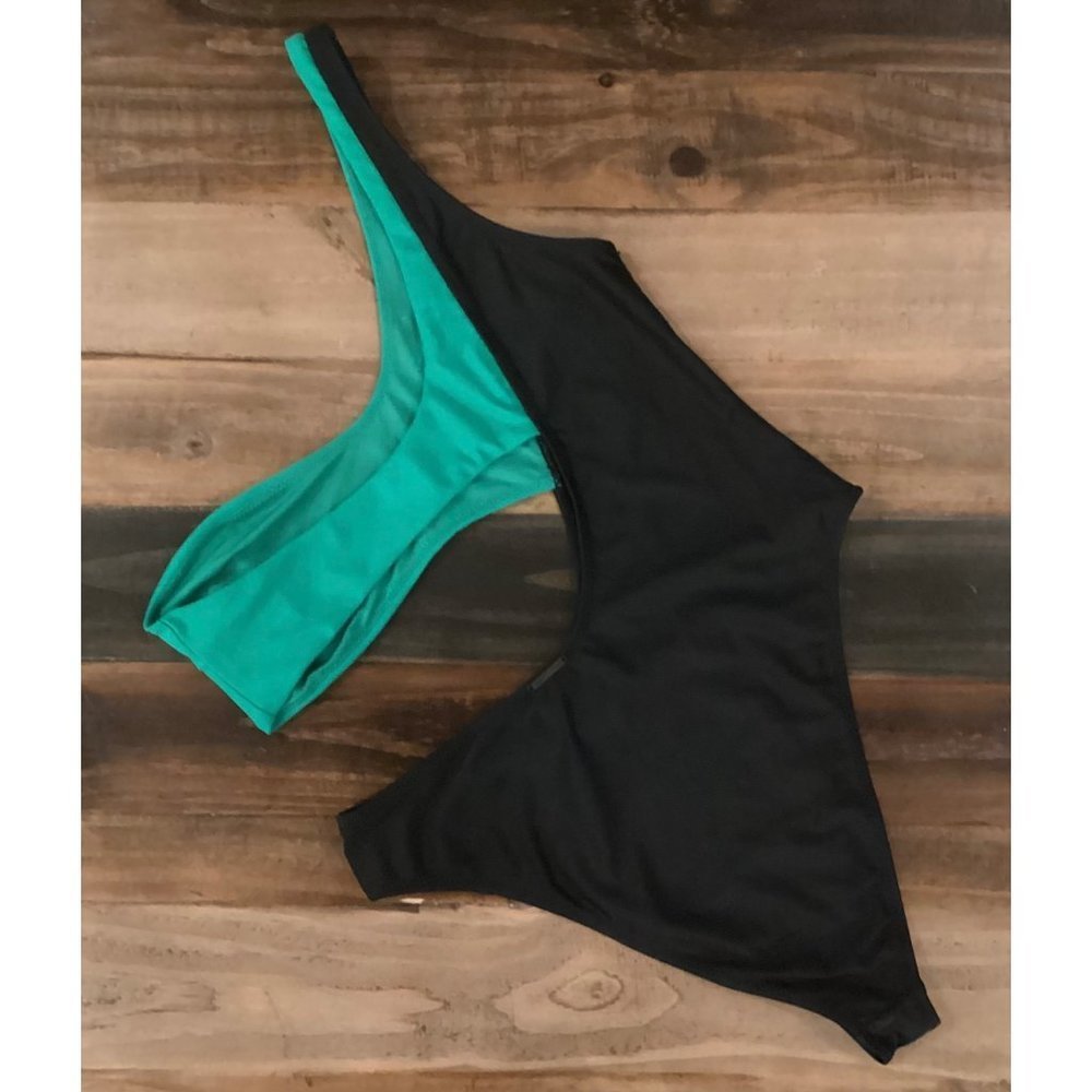 𝅺Kendall And Kylie Black And Green Bandeau One Piece Swimsuit Size XL - Picture 6 of 9